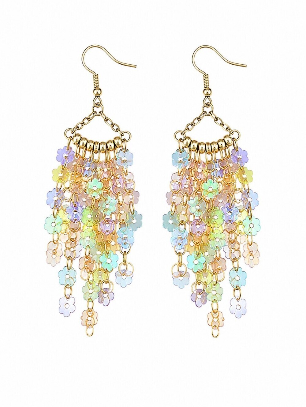 VTG Floral Sequin Chainmaille Disco Fringe Dangle Hook Mermaidcore Earrings